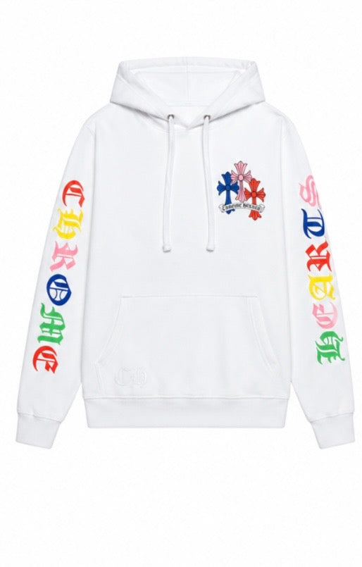 White multicolour cross cluster hoodie front
