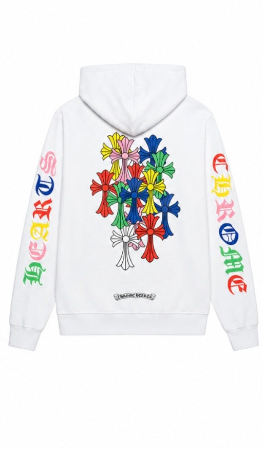 White multicolour cross cluster hoodie back