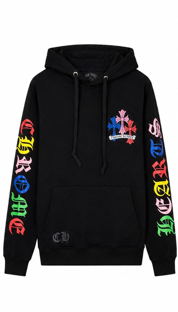 Black multicolour cross cluster hoodie front