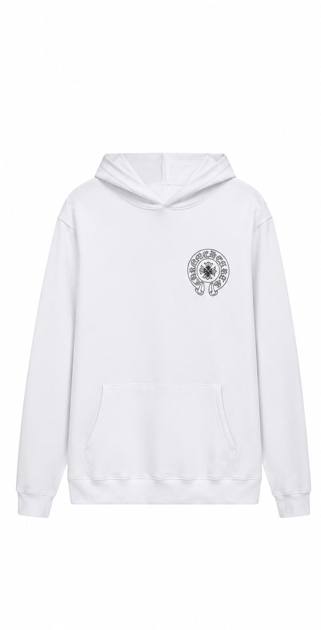 White horseshoe outline hoodie front