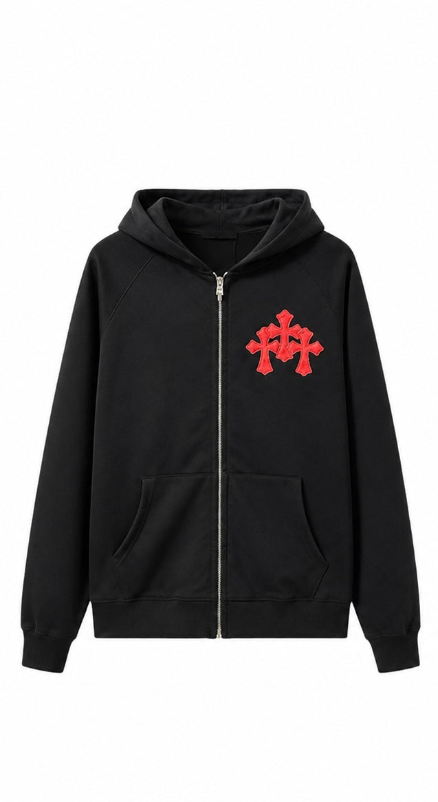 Black zip up hoodie with red triple cross patch front