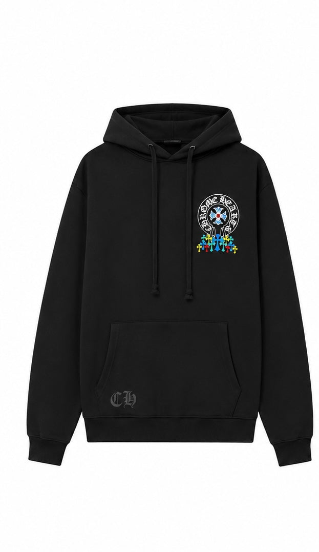 Black blue cross horseshoe hoodie front