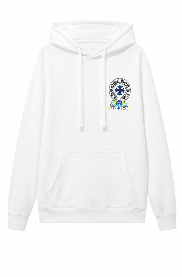 White blue cross horseshoe hoodie front