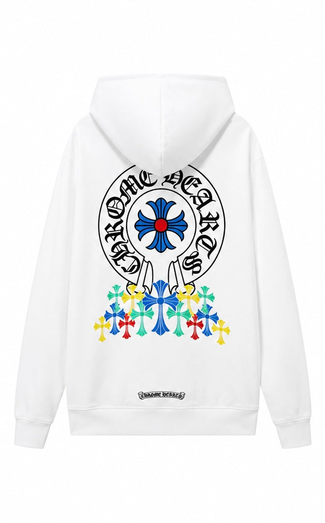 White blue cross horseshoe hoodie back