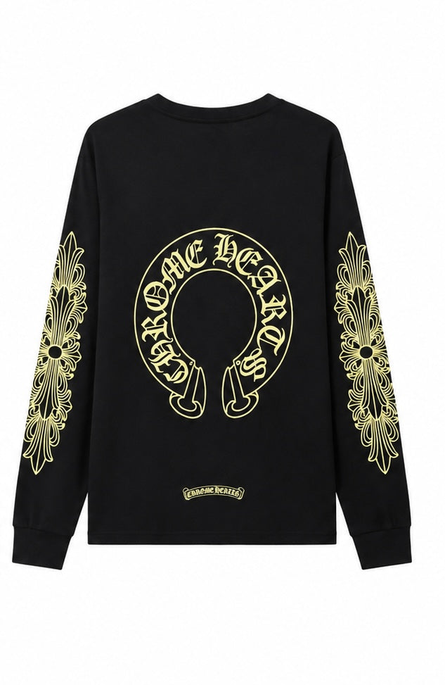 Gold floral horseshoe long sleeve black back