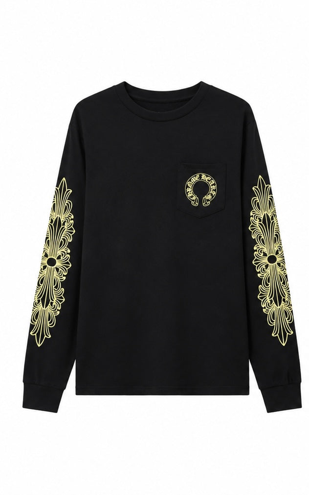 Gold floral horseshoe long sleeve black front