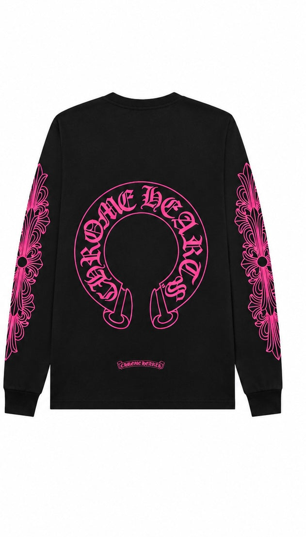 Pink floral horseshoe long sleeve black back