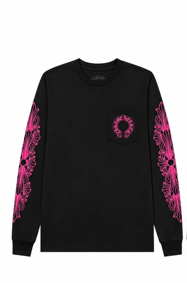 Pink floral horseshoe long sleeve black front