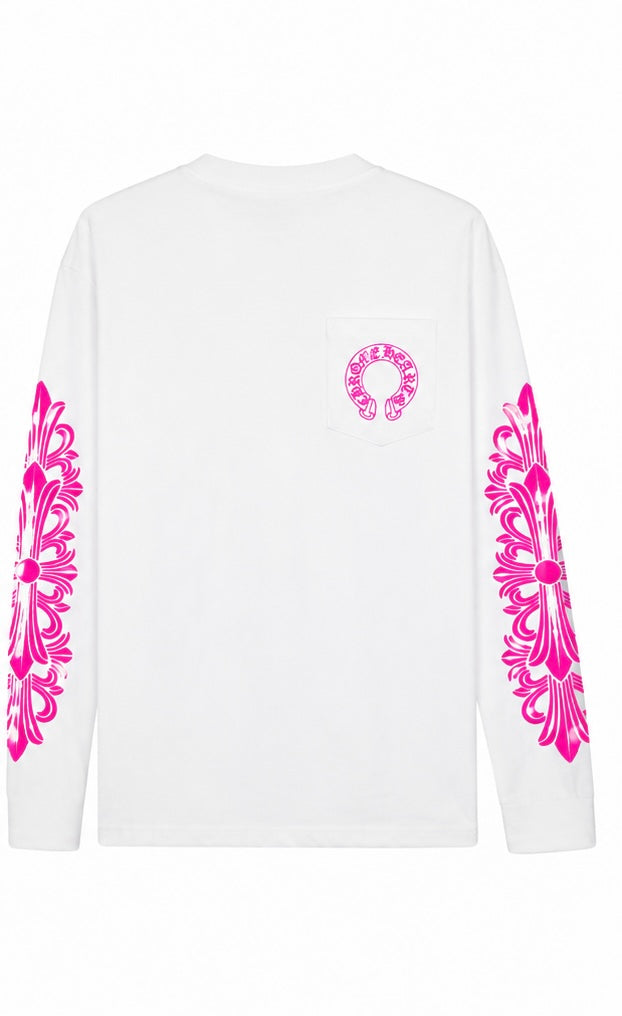Pink floral horseshoe long sleeve white back