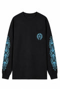 Sky blue floral horseshoe long sleeve black front