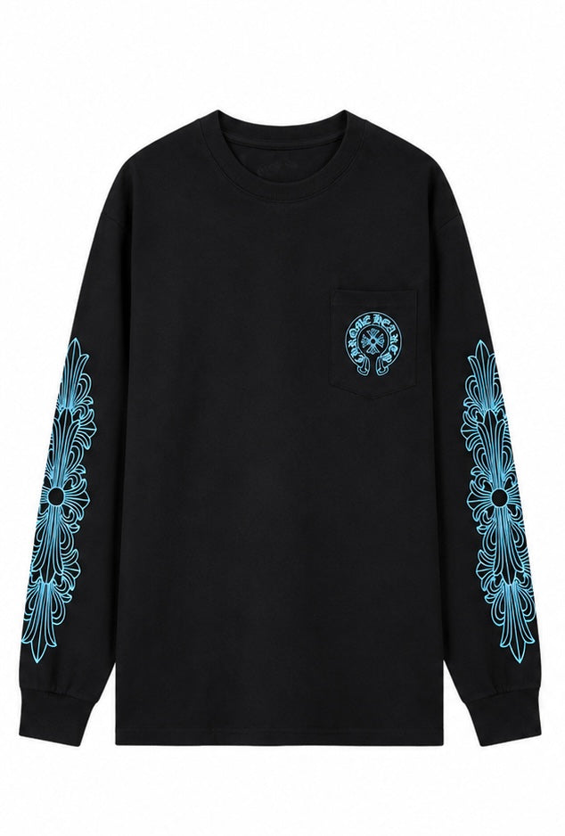 Sky blue floral horseshoe long sleeve black front
