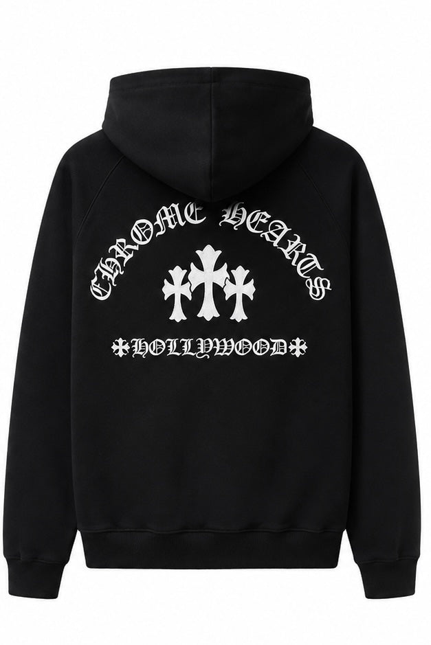 Black zip up hoodie arched script cross back print