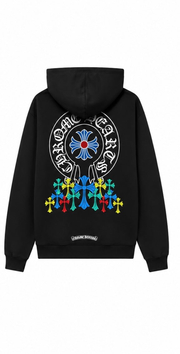 Black blue cross horseshoe hoodie back